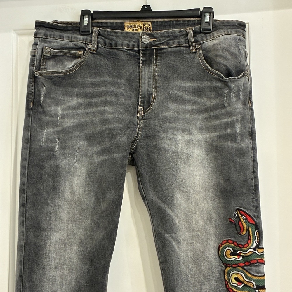 Grindhouse Black Jeans Size 38x31 Y2K Embroidered Roses Snake Grunge  Streetwear - Picture 2 of 14